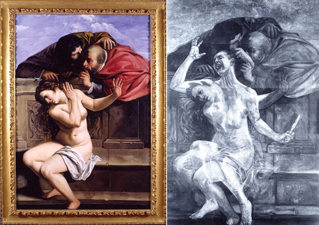 An X-Ray scan of “Susanna and The Elders” that revealed Gentileschi’s previous version of the painting, which was much more graphic (Done by Kathleen Gilje).